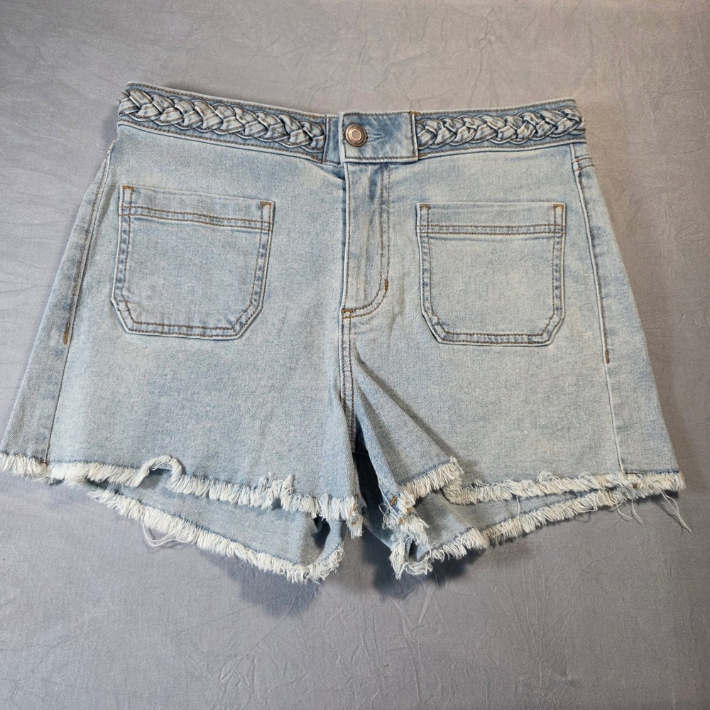 LC Lauren Conrad Womens High Rise CutOff Denim Shorts Braided Waist Lt Wash SZ 6